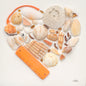 A heart made of orange plastics found on the beach, orange shells, pottery, and algae on a white background